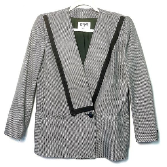 VTG Kasper Houndstooth 80s Ivy League Micro Plaid Double Breasted Blazer Rayon 8 - Picture 1 of 7